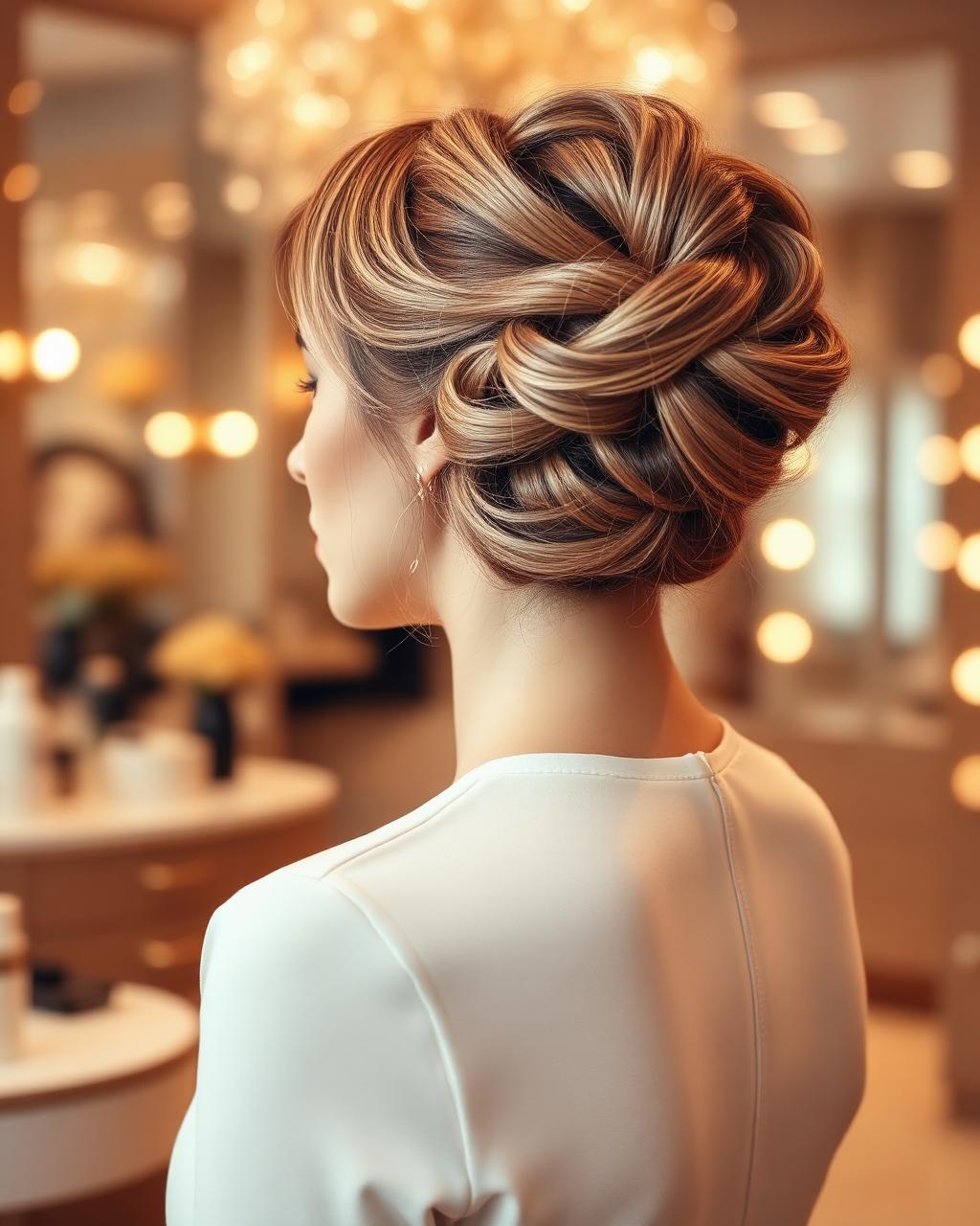 Penteado elegante em salão de luxo